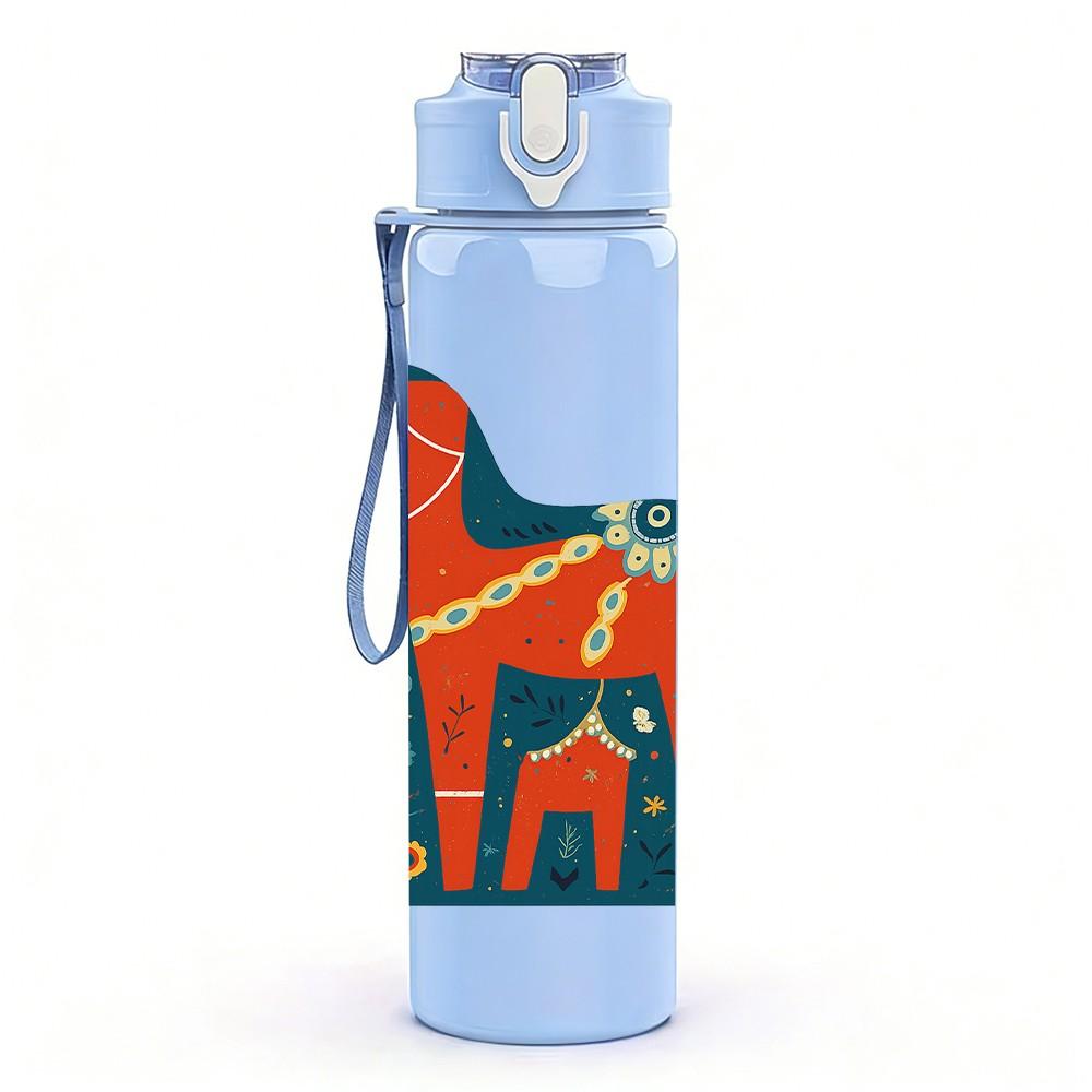1 Stück Vintage Holzpferd Kunst 750 ml Farbe Kunststoff Sportwasserflasche Auslaufsicher Klappdeckel mit Strohhalm Geeignet für Sport Büro Heimgebrauch
