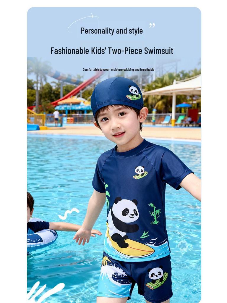 Boys' Cartoon Panda Two-Piece Swimwear Set with Cap