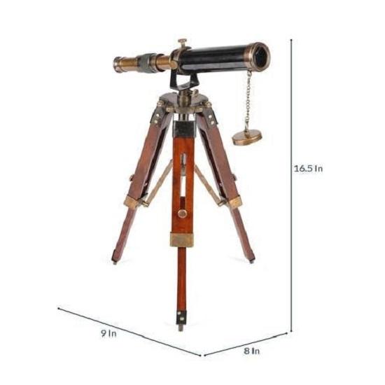 Nautical Brass Telescope Magnifier Optical Lens with Wooden Tripod Stand Showpiece