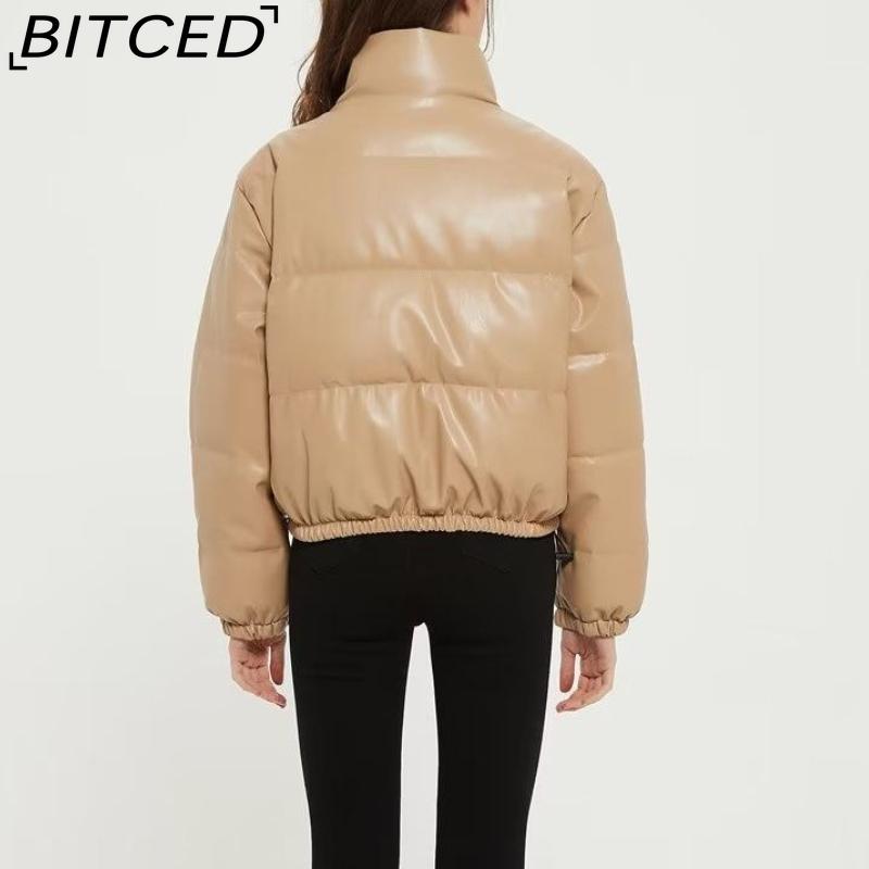 BITCED Fashion Casual Solid-Colour Minimalist Faux Leather Cotton Jacket for Women Winter Stand Collar Jacket