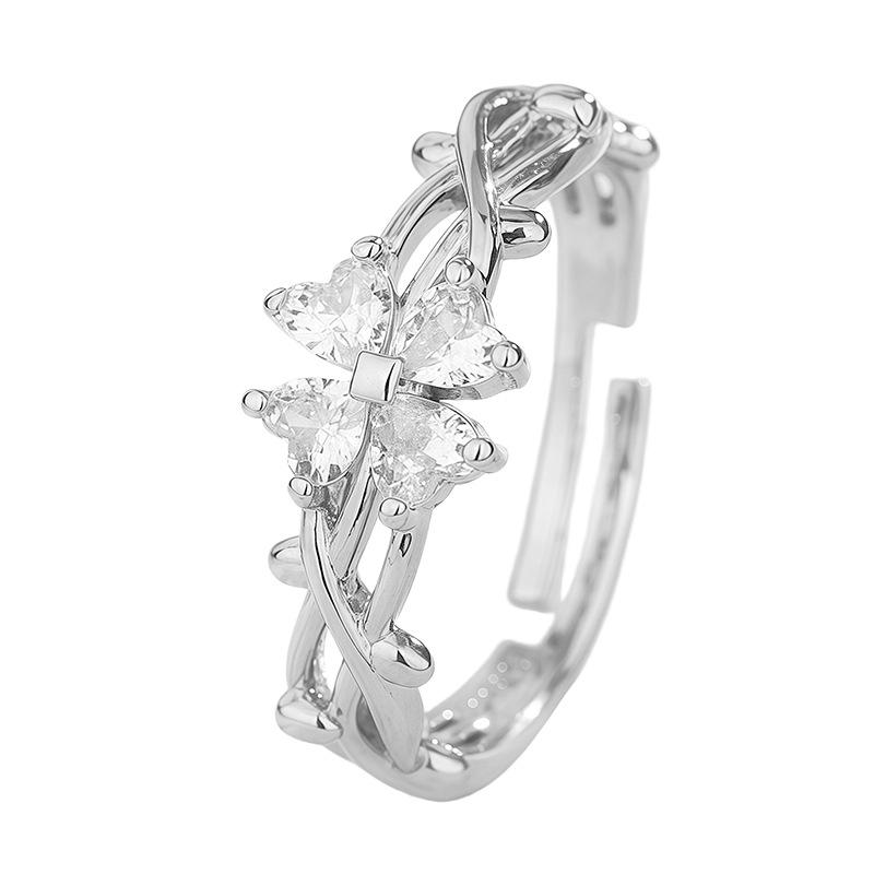 Lucky Flower Love Index Finger Ring Female Flash Diamond Clover Open Ring adjustable opening