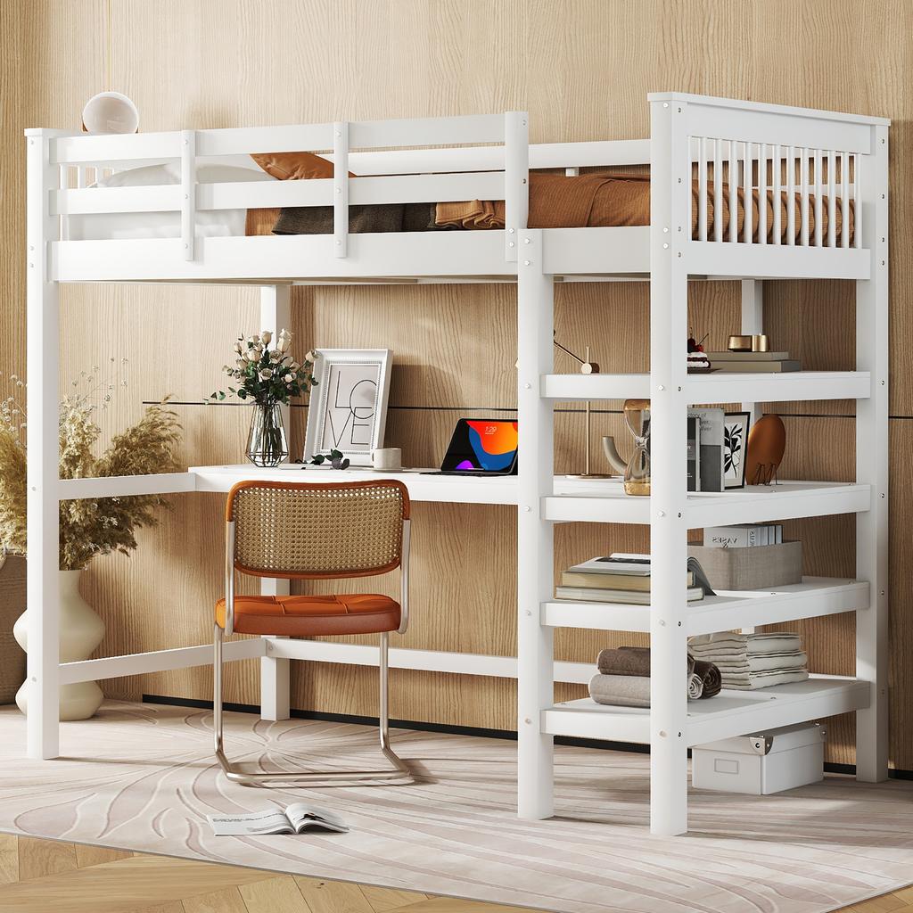 Hochbett, 90 x 200, Kinderhochbett mit Staufächern und Schreibtisch darunter, Ohne Matratze, Weiß