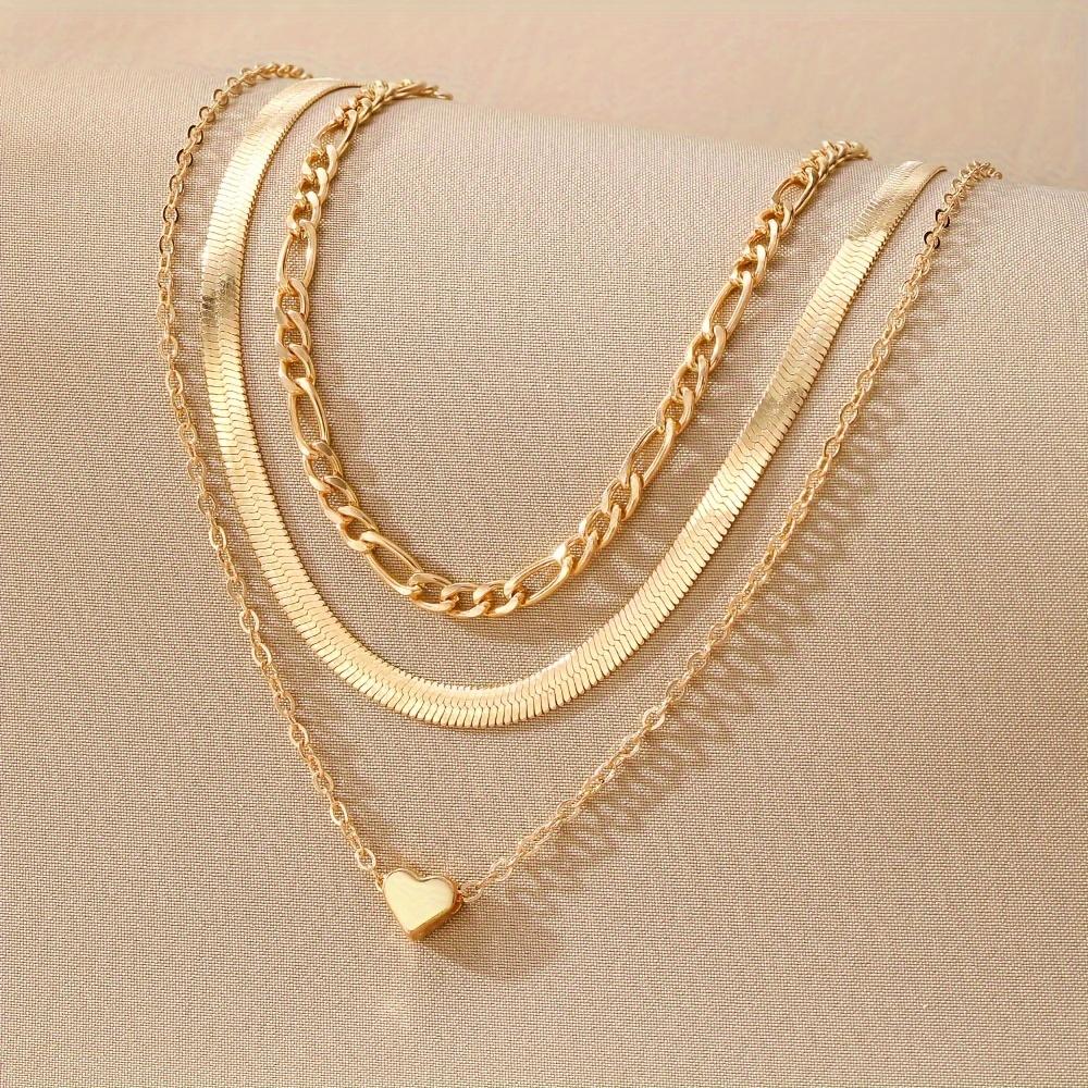 3pcs/Set European Style Elegant Layered Peach Heart Pendant Snake Chain Cuban Necklace for Women