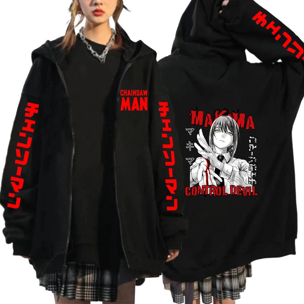 Felpa con cappuccio e zip stampata Chainsaw Man Anime Donna Casual Larga Retro Harajuku Autunno Inverno Manica Lunga Giacca in Pile Felpe