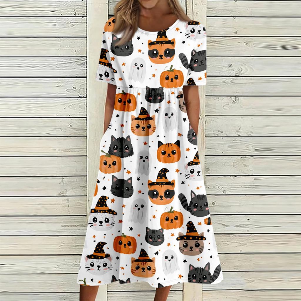 Damen Freizeitkleid mit Halloween-Print, Rundhalsausschnitt und Taschen für Partys