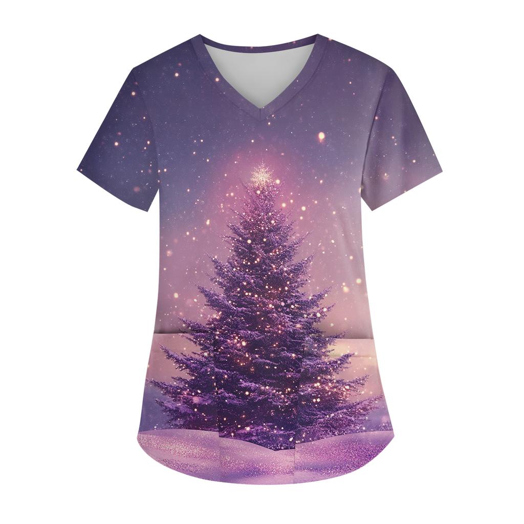 Dámský top s výstřihem do V, vánočním potiskem, krátkým rukávem, kapsou a bočním rozparkem