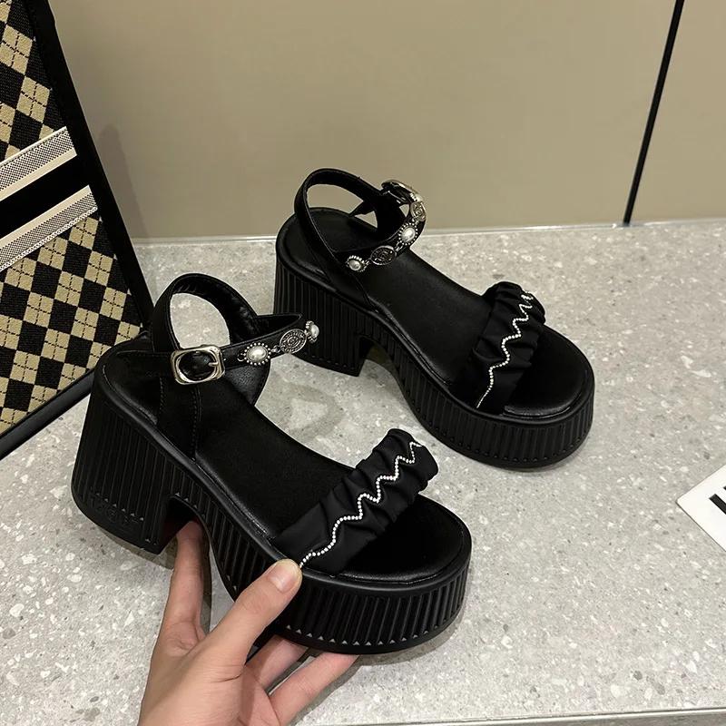 

Fashion High Quality 10CM Microfiber Leather Peep Toe Shoes Bling Rhinestone Platform Wedge Summer Fashion Slippers Women Sandals Pumps 39 чёрный
