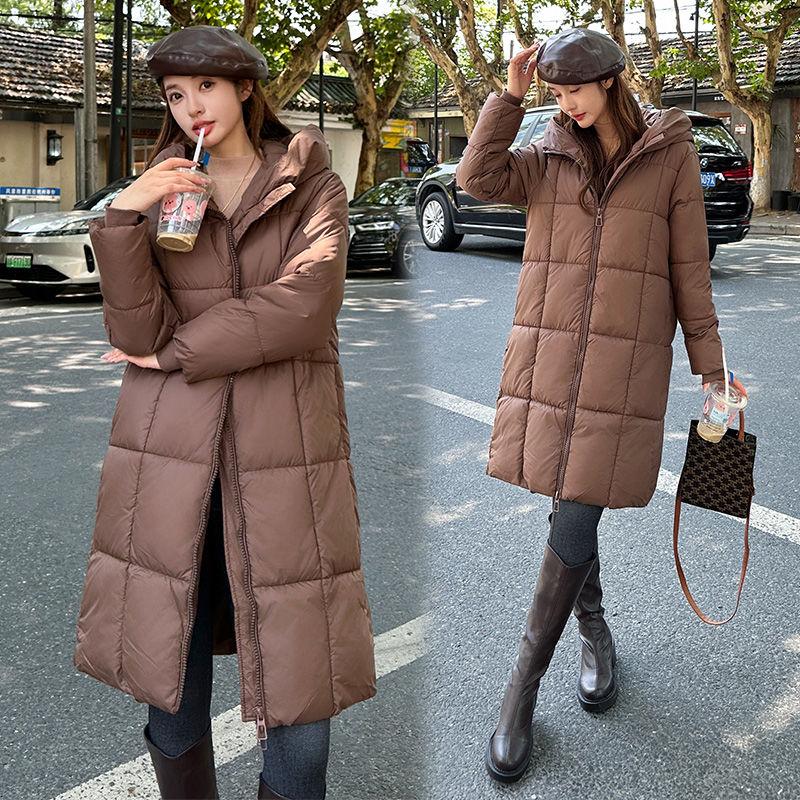 

Зимнее длинное хлопковое пальто с капюшоном женское большого размера утолщенное повседневное однотонное модная одежда XXXL кофейный