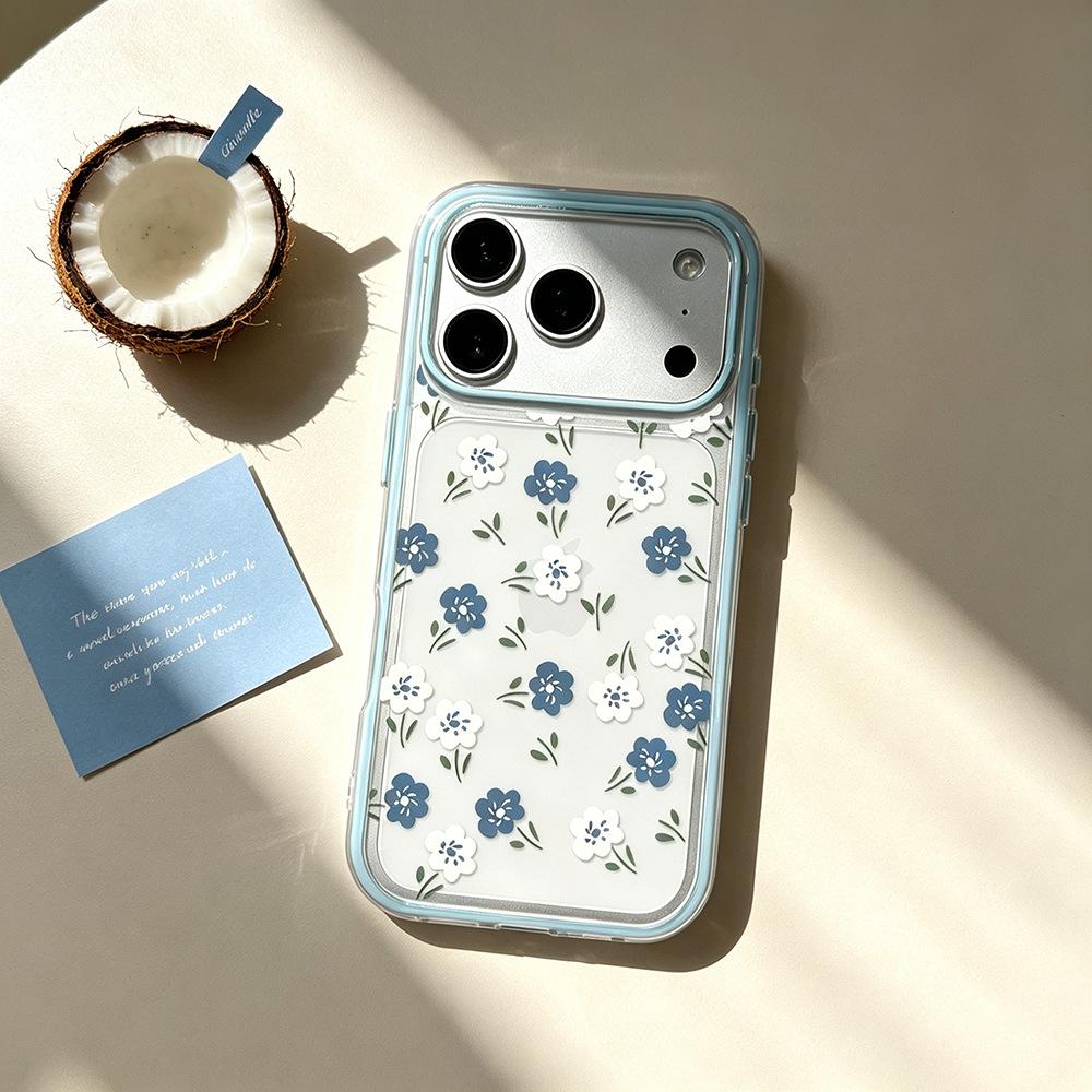Blue and white flowers are suitable for Apple 17/16 Pro contrasting color mobile phone case, anti-drop iPhone15 niche spring Huawei women