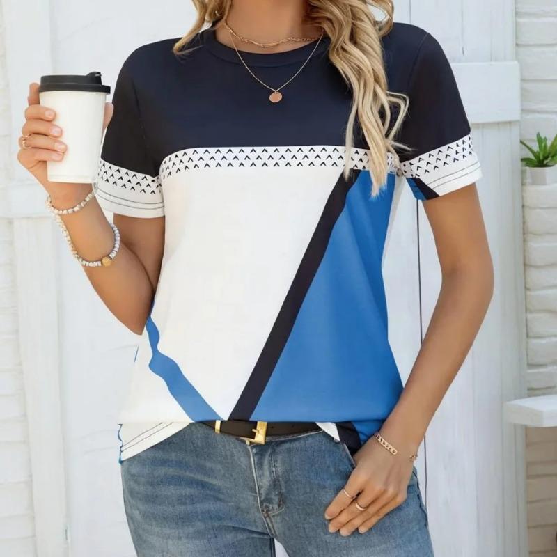 Women's T Shirt Graphic Casual Short Sleeve Round Neck Regular Tops Daily Patchwork Print Red Blue Khaki Summer