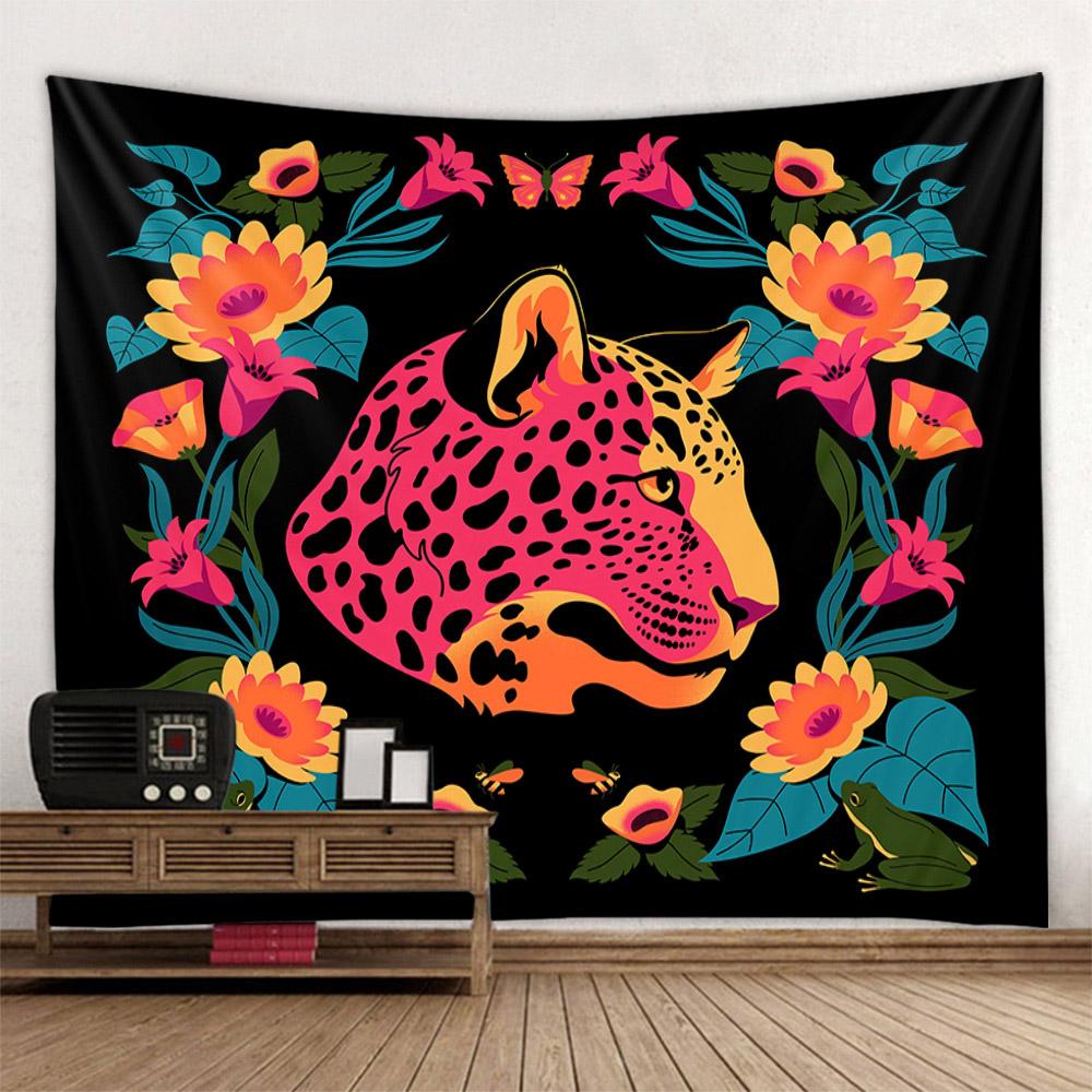 Tropical plant and animal tapestry, leopard wall hanging, Bohemian hippie Tapiz, bedroom, living room, home decoration