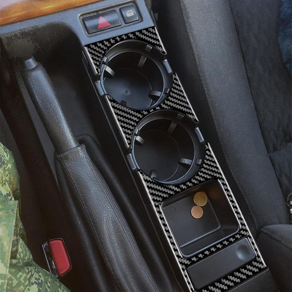 Carbon Fiber for BMW E46 1998-2006 Gear Shift Warning Button & Cup Holder Trim – Black Carbon Fiber Interior Panel Deco Cover.