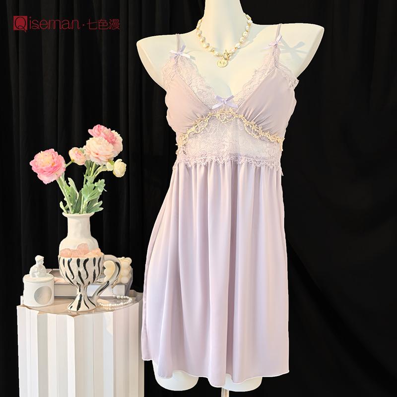 [Moonlight Camellia] New pure desire sleeping dress women's summer loungewear suspender lace sexy ice silk pajamas backless