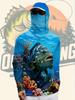 Men'S Outdoor Fishing Hooded Balaclava Long Sleeve Quick-Dry Shirt Deep Sea Grouper Coral Reef Print Breathable Fishing Clothing