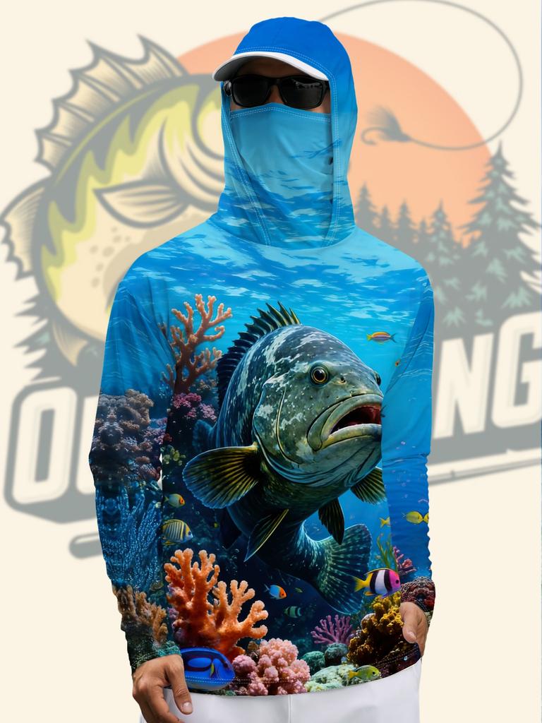 Men'S Outdoor Fishing Hooded Balaclava Long Sleeve Quick-Dry Shirt Deep Sea Grouper Coral Reef Print Breathable Fishing Clothing