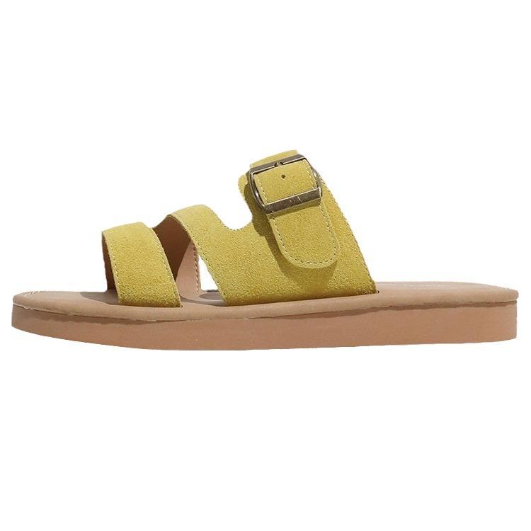 Soft-faced Flat-bottomed Slippers for Women's Summer Outer Wear 2025 New Versatile Belt Buckle Leather Casual Non-slip Soft-bottomed Sandals