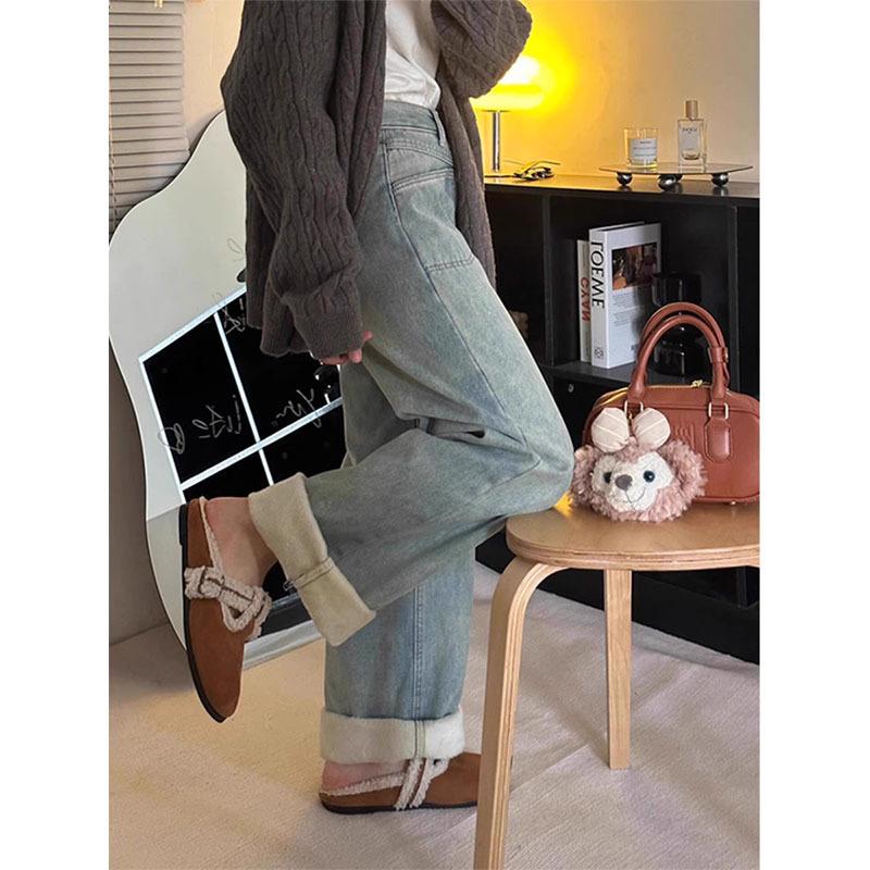 

Женские джинсы больших размеров с высокой посадкой, на флисовой подкладке, с широкими штанинами для зимы – Моделирующий стиль для фигуры типа «груша». M