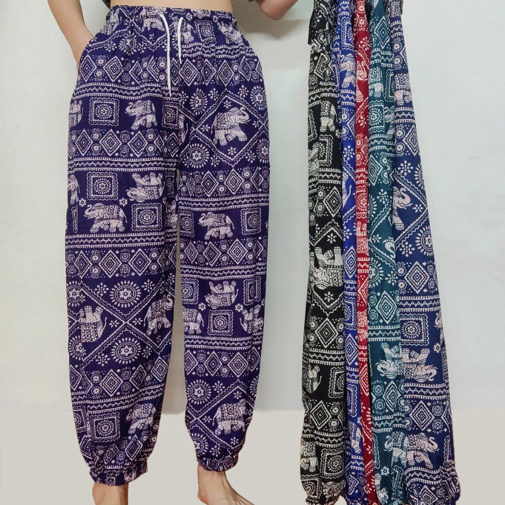 Elephant Jump Pants Pocket Adjustable Elastic High Waistband Strap Unisex Man Women Print Thailand Casual Streetwear Beach Bohemian Retro Vintage
