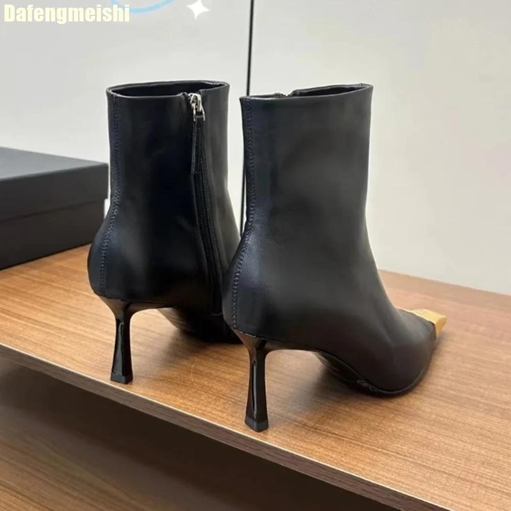 Metal Square Toe Short Boots for Women 2025 New Autumn Winter Plus Velvet Genuine Leather Sexy High Heels Stiletto Knight Boots