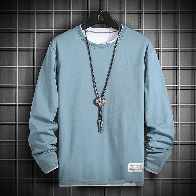 Spring Autumn Fake Two Pieces Cotton T-shirt Male Long Sleeve Casual Tee Men All-match Bottomed Pullover Tee
