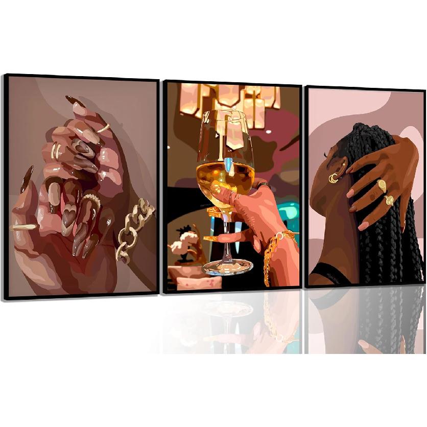 LQOZTBX 3Pcs Black Girl Wall Art Fashion African American Canvas Paintings Black Women Posters Nail Art Pictures Champagne Prints Boho Aesthetic Wall