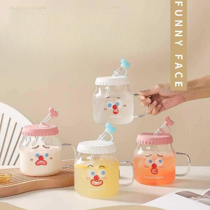 High Appearance Level Interesting Expressions High Borosilicate Glass Cups Straw Cups Office Milk Cups Coffee Cups Large Capacity Water Cups