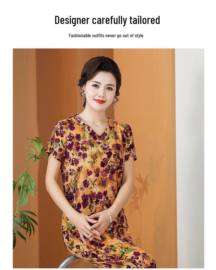 Summer Printed Short-Sleeve T-shirt and Loose Pants Set for Middle-Aged and Elderly Mothers