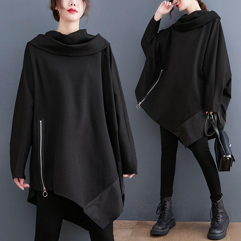 Plus Size Women Loose Black Zipper Irregular Casual Sweatshirt Long Sleeve Big Size Oversized Spring Autumn Hoodie