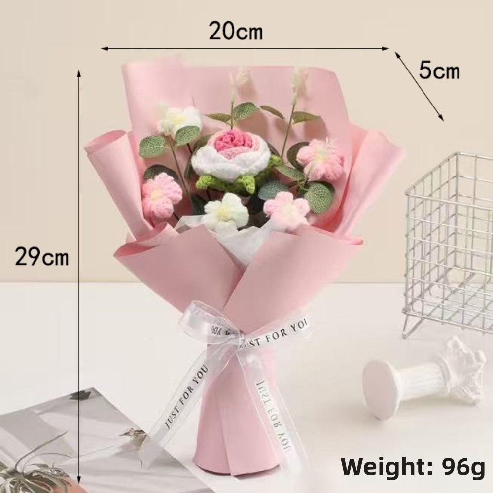 Finished Crochet Rose Flower Bouquet With artificial leaves 1 Large Flower&5 Small Flowers Knitted Flower Bouquet Gifts