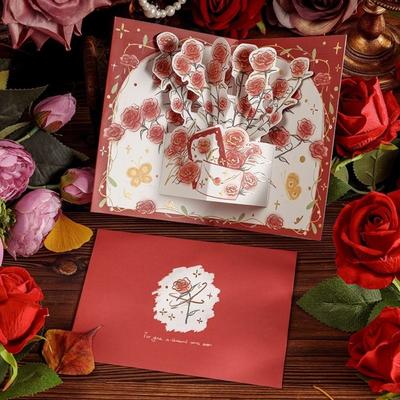 Creative Pop Up Love 3D Greeting Card with Envelope Flower Greeting Card Rose Thank You Card Valentine's Day
