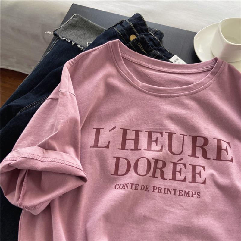 Pink Short Sleeve T-shirt Women's Loose Casual Round Neck Letter Print Thin Large Size Summer Top