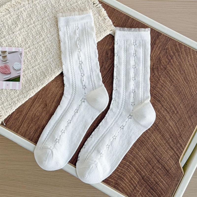 Sock - Spring/Summer Lightweight Solid Color Opened-Up Layered Socks with Earwig Lace and Mid-Calf Length
