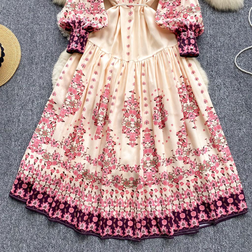 Spring Autumn Women Lantern Sleeve Print Single Breasted Loose Holiday Beach Party Long Maxi Dresses with Belt