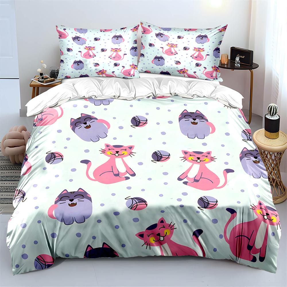 Multiple Sizes Cartoon Cats and Yarn Print Bedding Set 1 Duvet Cover 2 Pillowcases for Adult and Children Luxury Gift Full Size