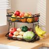 Fruit Basket Kitchen Storage Rack with Wooden Handles Double-Layer Design Large Capacity Vegetable Fruits Basket with Banana Hangers