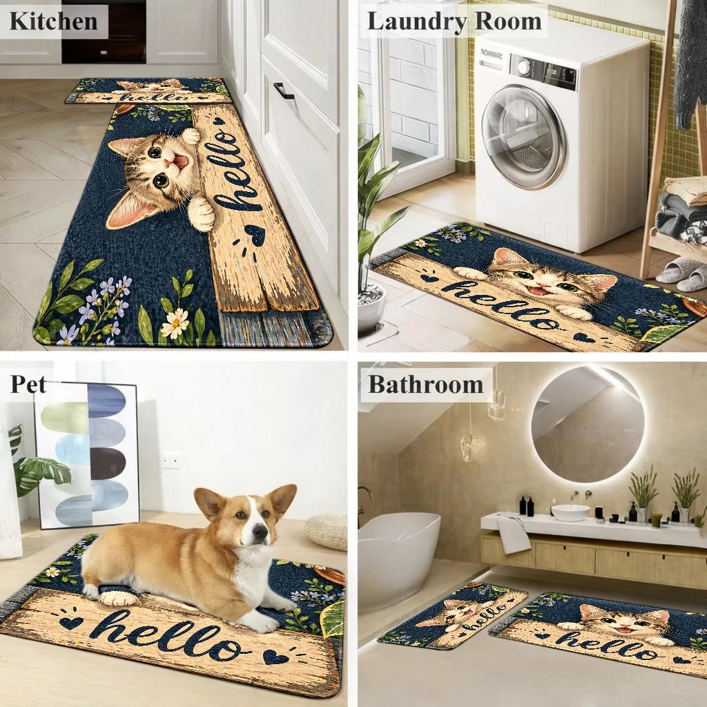 1Pcs Anti Fatigue Kitchen Rugs,  Cute Cat Hello  Print Waterproof Non-Slip Thick Cushioned Kitchen Mat Heavy Duty Comfort Standing Mat for Kitchen