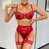 Erotic Lingerie Women's Large Mesh Hollowed Out Splicing Cross Chest Patch Metal Chain Fun Lingerie Three Piece Set