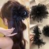 Pince à cheveux romantique en dentelle noire avec gros nœud et plumes pour femmes et filles, pince à cheveux avec sens avancé, accessoires pour cheveux