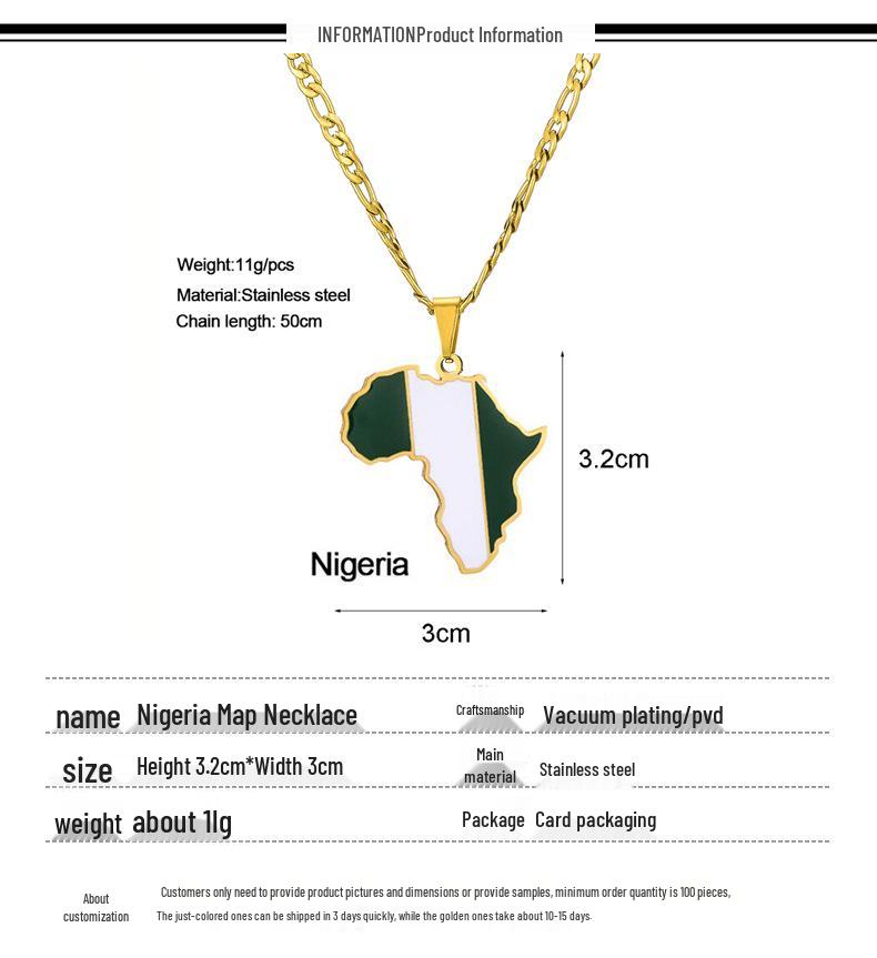 Collana in Acciaio Inossidabile Mappa dell'Africa Hip-hop - Design Nigeria, Somalia, Angola