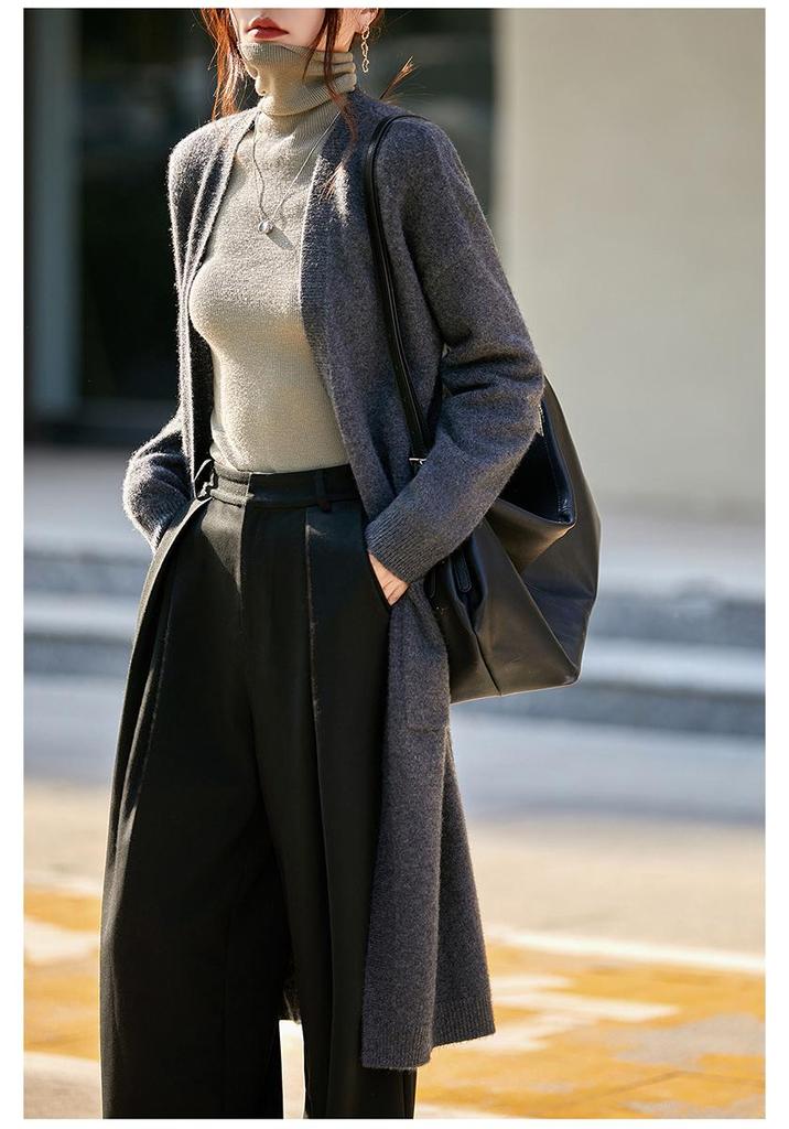 2025 Autumn/Winter Korean-Style Knee-Length Knit Cardigan - No Button, Double Pocket, Loose Fit, Solid Color