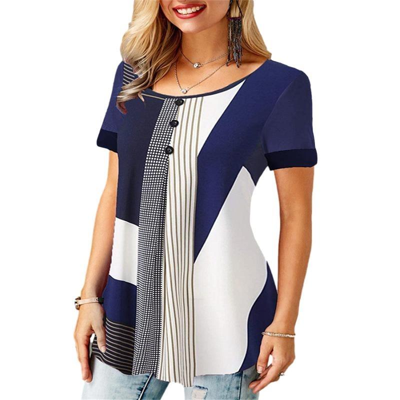 Sommer Frauen Lose Beiläufige Tops Koreanische Weibliche Gestreiften Gitter Gedruckt O Hals Kurzen Ärmeln Plus Größe Mom Chiffon T Shirts