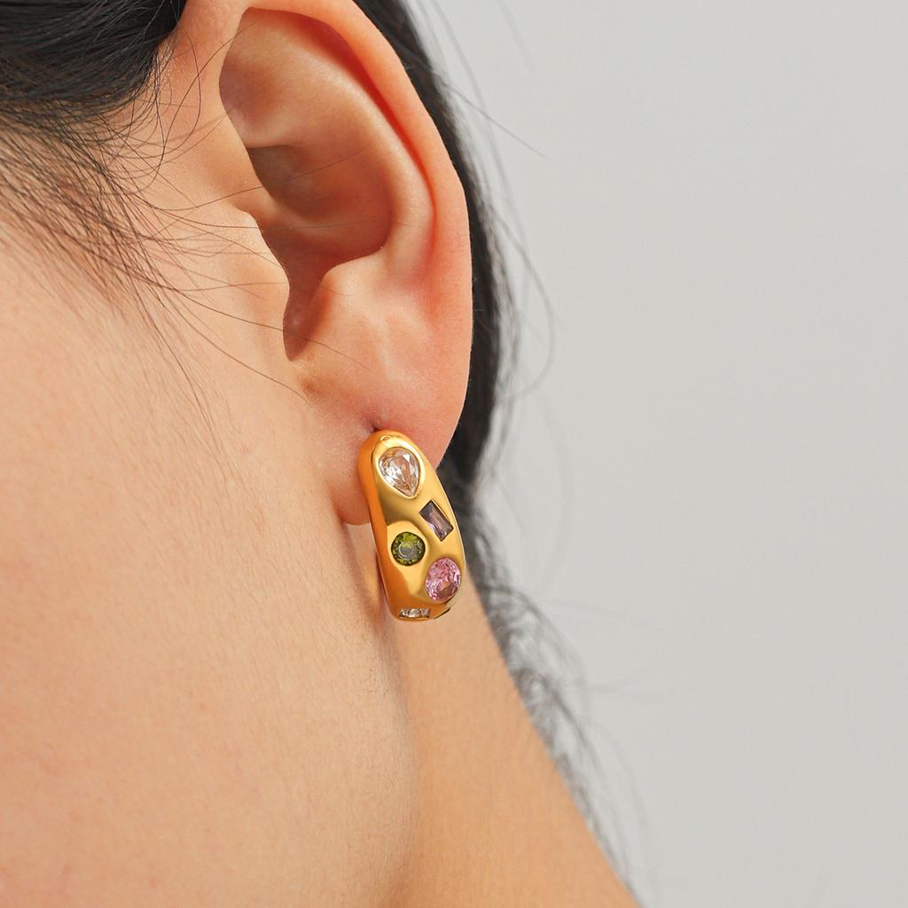 Inlaid Colorful Zircon Vintage Hoop Earrings Fashionable Versatile C-shaped Ear Jewelry Stainless Steel Accessories