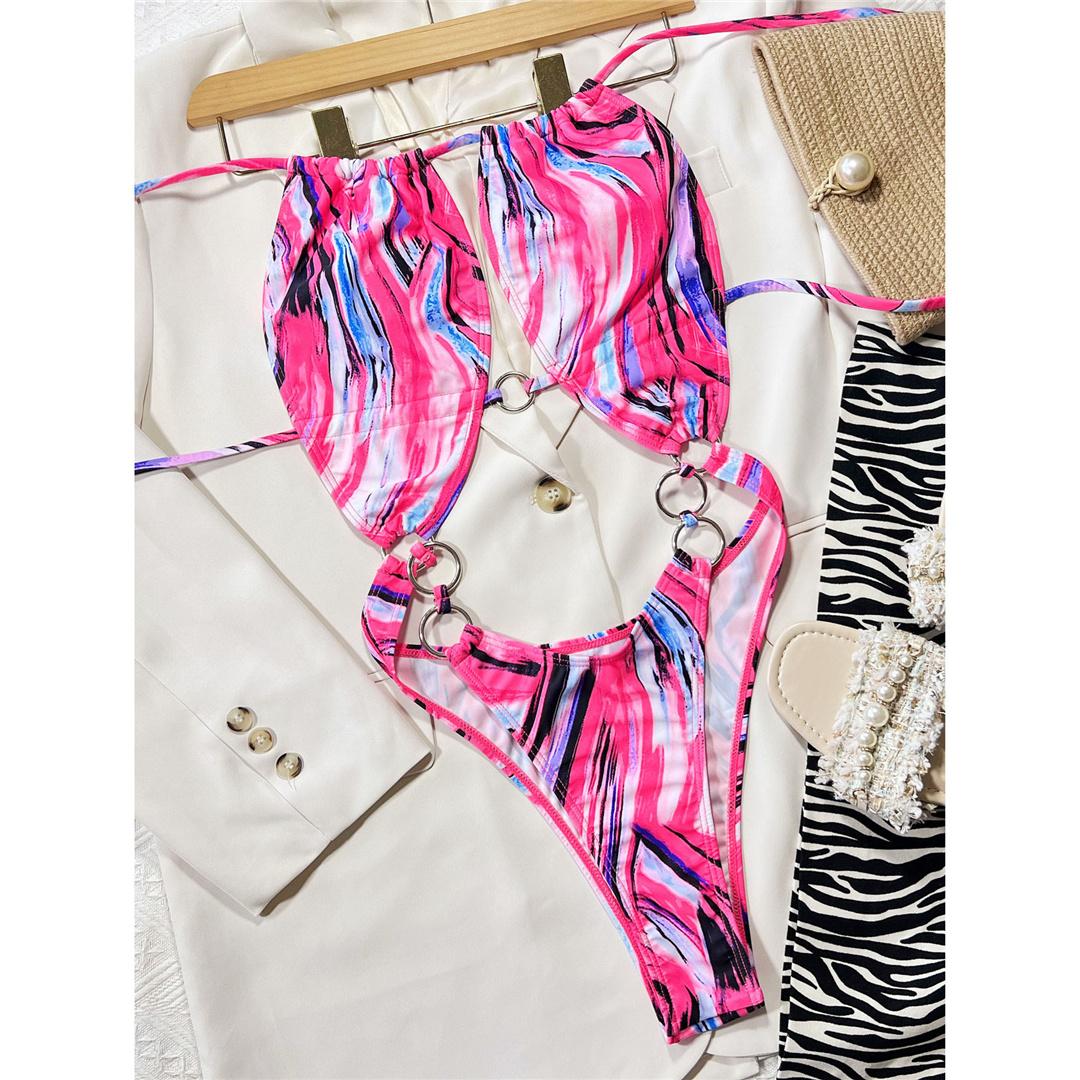 

Женский купальник с бретелькой на животе и принтом, цельный купальник, женский монокини с высоким вырезом по ноге, купальный костюм, купальный костюм для леди L розовый