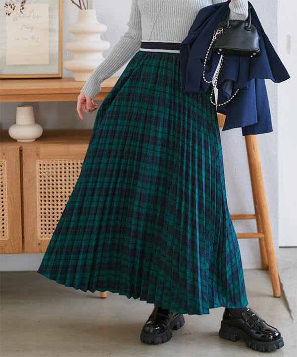 Kobe Lettuce Check Pleated Long Length Size Green Skirt, Skirt, Women's, Fall, Checked, [M4164], M,