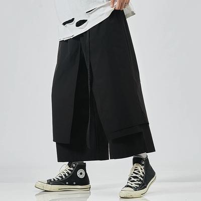 Summer Simple Solid Color Japanese Men's Casual Loose Large Size Nine-point Pants Trousers Wide-leg Pants
