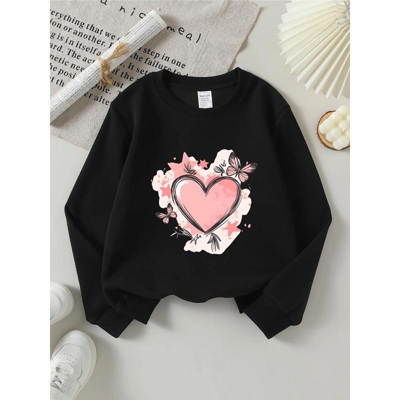 Girls' Crewneck Sweatshirt | Heart Butterflies Stars Leaves Pink, Machine Washable, Spring And Autumn, Sportswear And Casual Wear