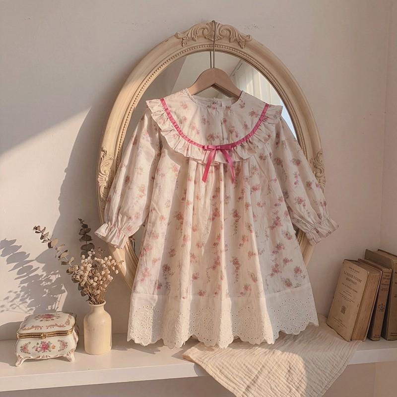 Girls Floral Print Ruffle Dress French Style Long Sleeve Cotton Princess 3-8 Years Old Kids