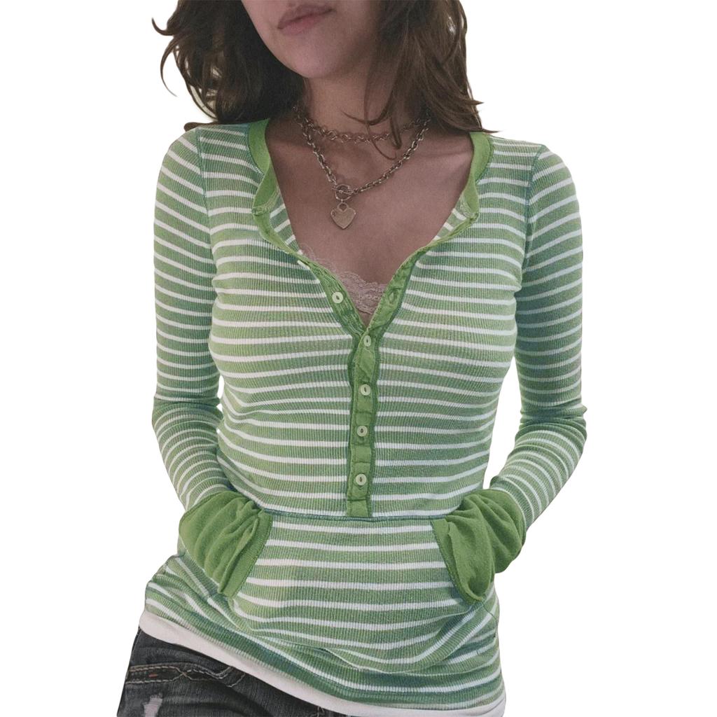 Women Long Sleeve Knit Tops Casual Striped 3/4 Button Pullover Shirt with Pockets for Club Streetwear