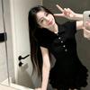 Summer New Black Polo Neck Short Sleeve Dress Women's College Style Slim Fit Light Yahlia Leaf Edge Cake Dress