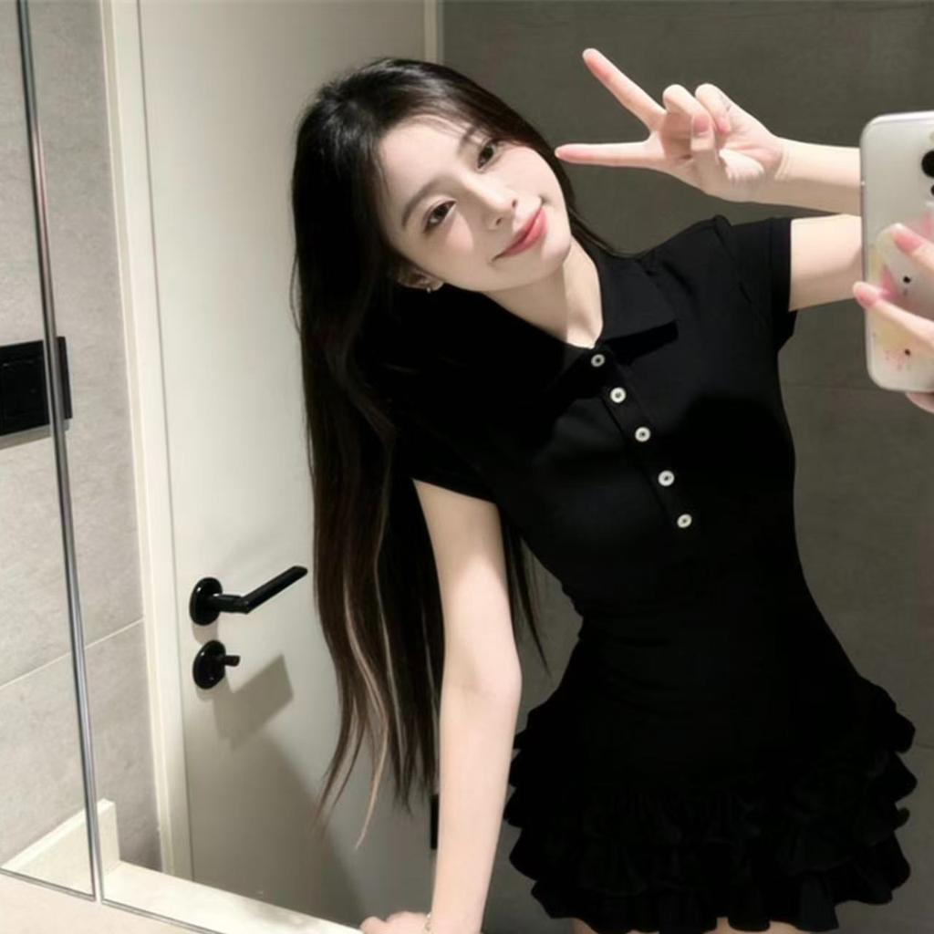 Summer New Black Polo Neck Short Sleeve Dress Women's College Style Slim Fit Light Yahlia Leaf Edge Cake Dress